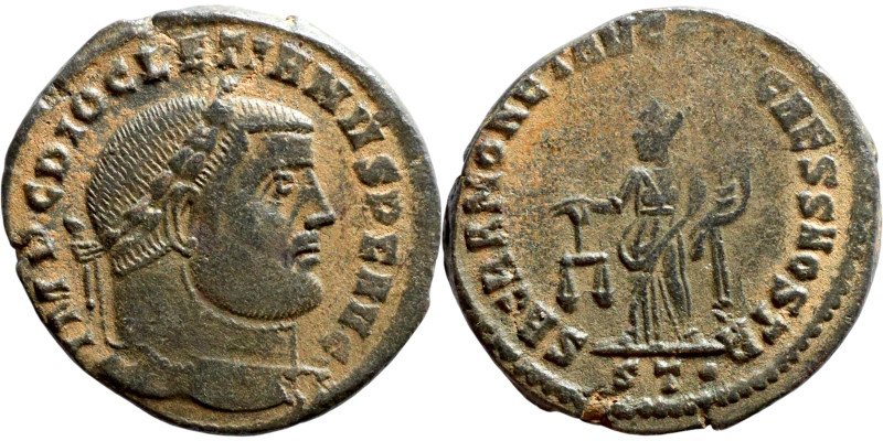 Diocletian (285-305). Follis: Obverse: IMP DIOCLETIANVS PF AVG, laureate head ri...