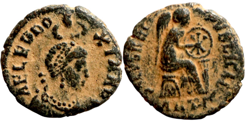 Aelia Eudoxia. (401-403 AD). Follis. Obv: AEL EVDOXIA AVG. Pearl-diademed, drape...