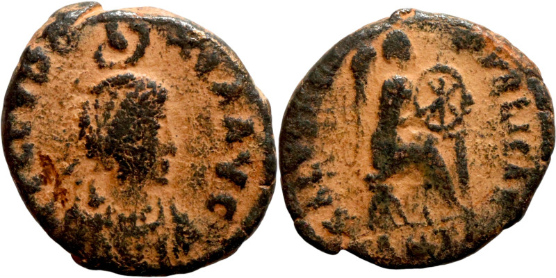 Aelia Eudoxia. (401-403 AD). Follis. Obv: AEL EVDOXIA AVG. Pearl-diademed, drape...