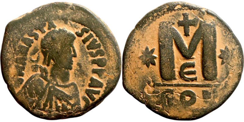 Anastasius I (491-518) Half Follis. Obverse: DN ANASTASVS PP AVG diademed, drape...