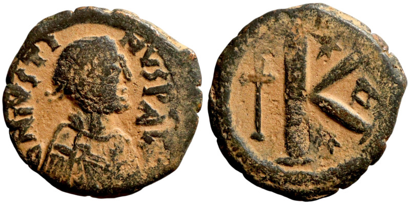 Justin I (518-527) Hal Follis Obverse: :D N IVSTINVS PP AVG, diademed, draped, a...