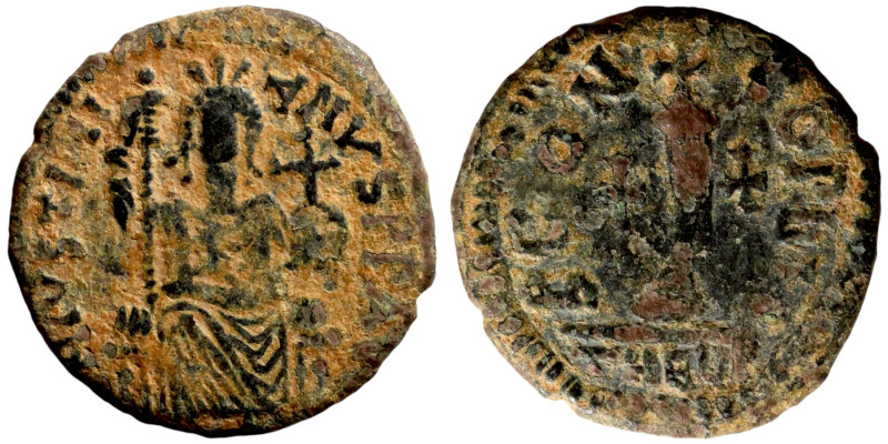 Justinian I (527-565) Decanummium Antioch . Obverse: Justinian on throne. Revers...