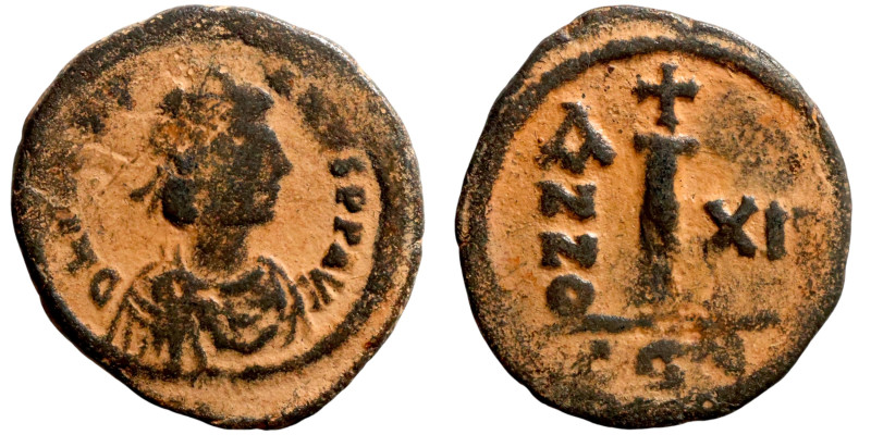 Justinian I (527-565). Decanummium. Obverse: DN IVSTINAVS PP AVG. Diademed bust ...