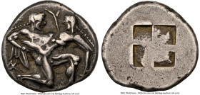 THRACIAN ISLANDS. Thasos. Ca. 500-450 BC. AR stater (21mm, 9.41 gm). NGC VF 5/5 - 3/5, edge marks. Nude ithyphallic satyr running right, carrying nymp...