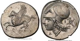 CORINTHIA. Corinth. Ca. 4th century BC. AR stater (21mm, 8.64 gm, 9h). NGC AU 4/5 - 5/5. Ca. 375-345 BC. Pegasus flying left; Ϙ below / Head of Athena...