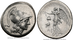 PAMPHYLIA. Side. Ca. 3rd-2nd centuries BC. AR tetradrachm (30mm, 16.50 gm, 12h). NGC AU 5/5 - 4/5. Ar-, magistrate. Head of Athena right, wearing trip...