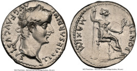 Tiberius (AD 14-37). AR denarius (18mm, 3.70 gm, 11h). NGC VF 3/5 - 3/5, brushed. Lugdunum, ca. AD 18-35. TI CAESAR DIVI-AVG F AVGVSTVS, laureate head...