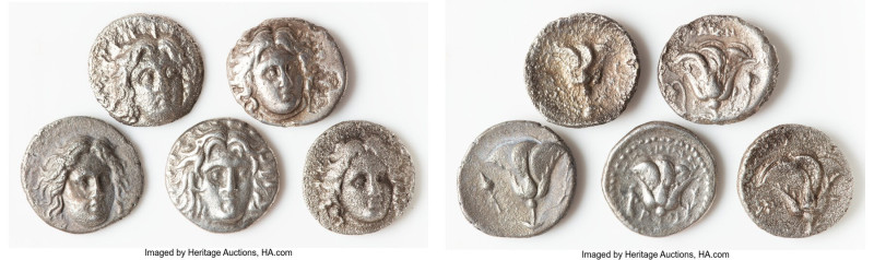 ANCIENT LOTS. Greek. Carian Islands. Rhodes. Ca. 305-275 BC. Lot of five (5) AR ...