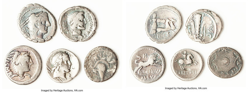 ANCIENT LOTS. Roman Republic. Lot of five (5) AR denarii. Good-Fine, countermark...