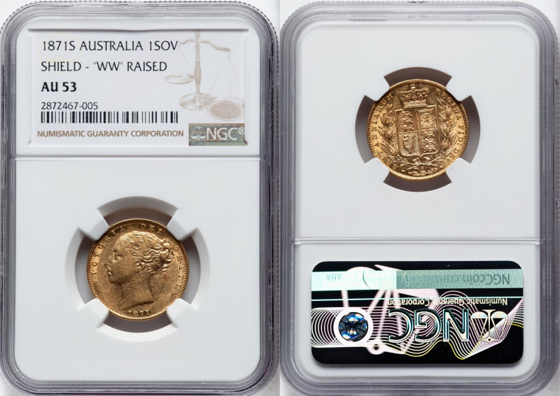 Victoria gold "Shield" Sovereign 1871-S AU53 NGC, Sydney mint, KM6, S-3855. WW r...