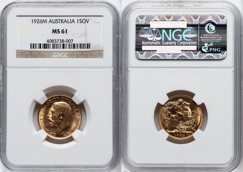 George V gold Sovereign 1926-M MS61 NGC, Melbourne mint, KM29, S-3999, Fr-39. Se...