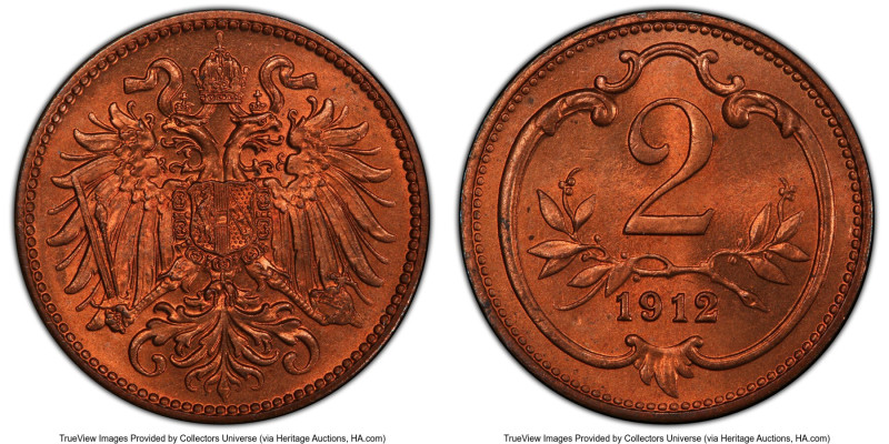 Franz Joseph I Pair of Certified Hellers 1912 PCGS, 1) 2 Heller 1912 - MS66 Red,...