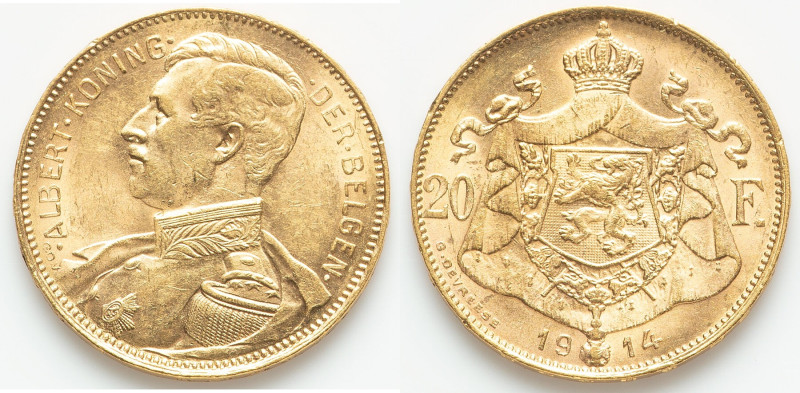 Albert I gold 20 Francs 1914 UNC, Brussels mint, KM79, Fr-421. AGW 0.1867 oz. HI...