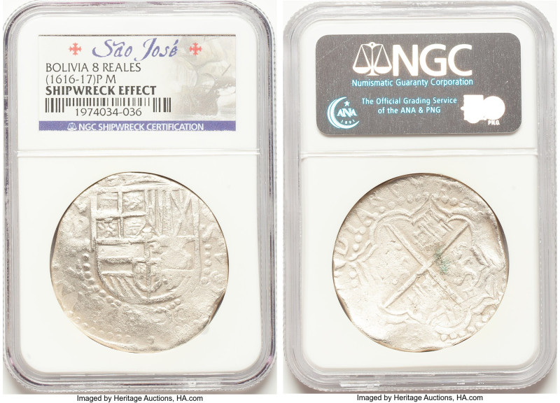 Philip III "São José" Cob 8 Reales ND (1616-1617) P-M Shipwreck Effect NGC, Poto...