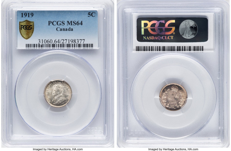 George V Pair of Certified 5 Cents, 1) 5 Cents 1919 - MS64 PCGS, Ottawa mint, KM...