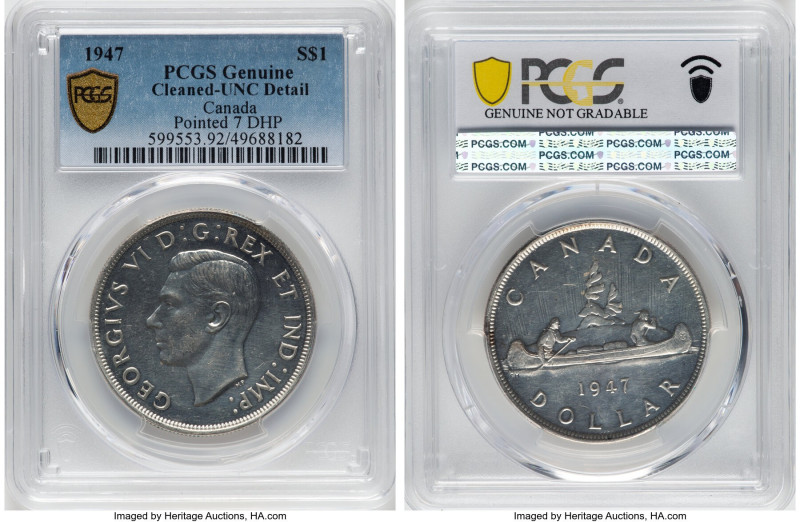 George VI "Pointed 7 - Doubled HP" Dollar 1947 UNC Details (Cleaned) PCGS, Royal...