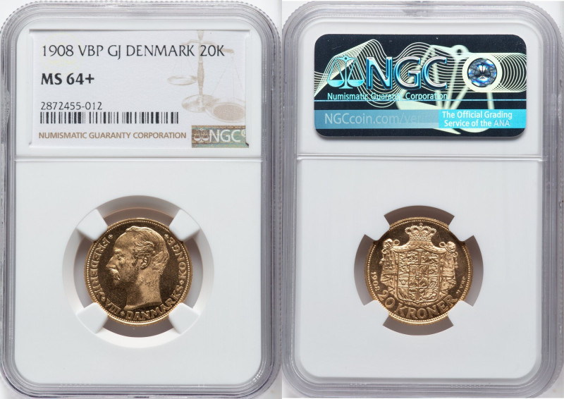 Frederick VIII gold 20 Kroner 1908 (h)-VBP MS64+ NGC, Copenhagen mint, KM810, Fr...