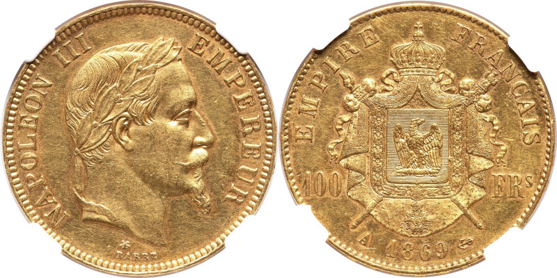 Napoleon III gold 100 Francs 1869-A AU55 NGC, Paris mint, KM802.1, Gad-1136. HID...