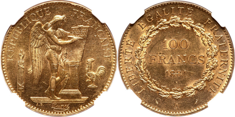 Republic gold 100 Francs 1881-A UNC Details (Obverse Rim Damage) NGC, Paris mint...