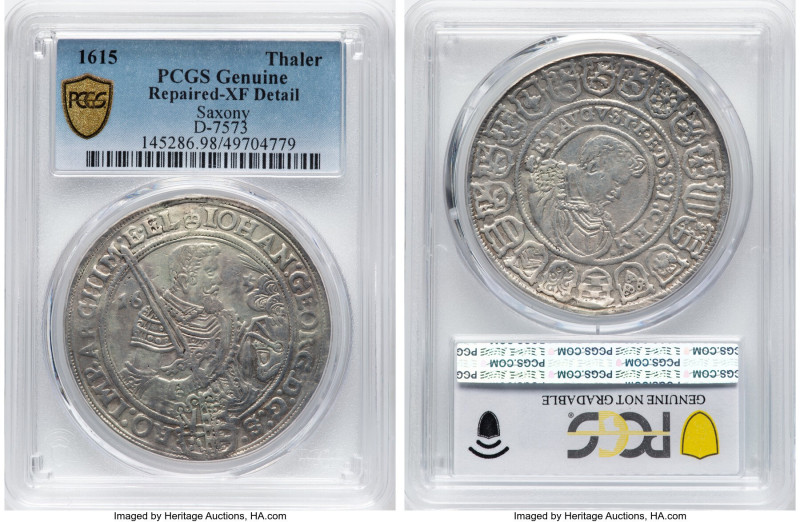 Saxony. Johann Georg & August Taler 1615 XF Details (Repaired) PCGS, Dav-7573. H...