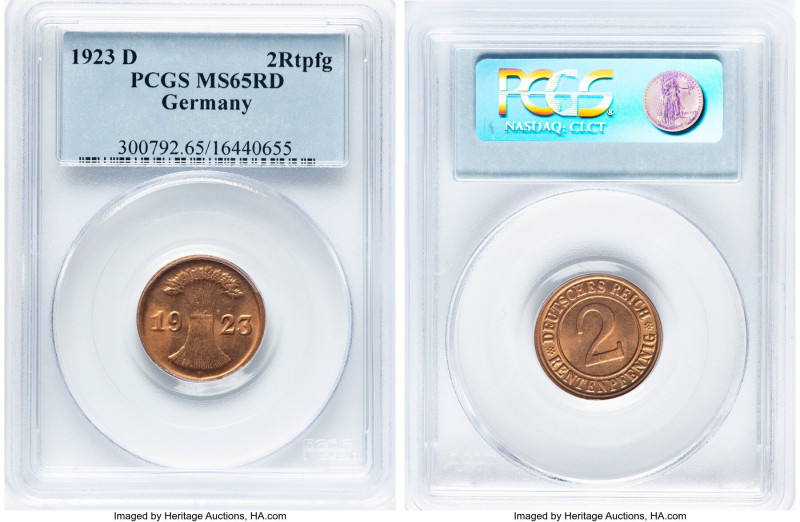 Weimar Republic 4-Piece Lot of Certified 2 Rentenpfennigs 1923-D MS65 Red PCGS, ...