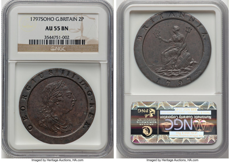 George III "Cartwheel" 2 Pence 1797-SOHO AU55 Brown NGC, Soho mint, KM619, S-377...