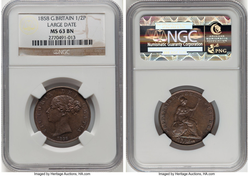 Victoria 1/2 Penny 1858 MS63 Brown NGC, KM726, S-3949. Large date. Richly toned ...