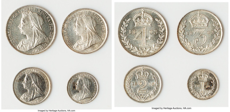 Victoria 4-Piece Uncertified Maundy Set 1893 UNC, 1) 4 Pence, KM778, S-3944 2) 3...