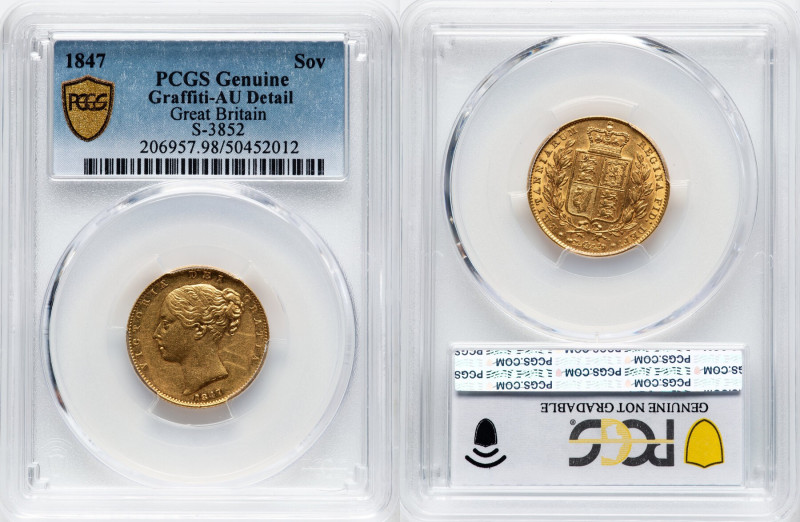 Victoria gold Sovereign 1847 AU Details (Graffiti) PCGS, KM736.1, S-3852. HID098...