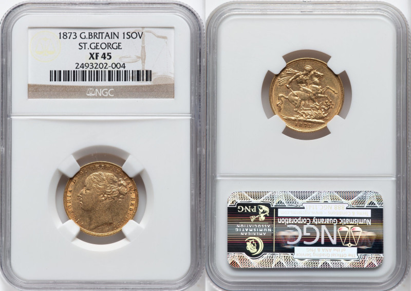 Victoria gold "St. George" Sovereign 1873 XF45 NGC, KM752, S-3856A. HID098012420...