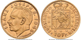 Franz Joseph II gold 10 Franken 1946-B MS66 NGC, Bern mint, KM-Y13. Mintage: 10,000. Showcasing satin surfaces that significantly adds to coins eye ap...