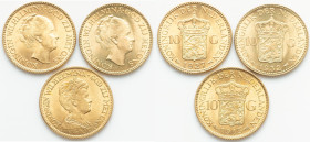 Wilhelmina 3-Piece Lot of Uncertified gold 10 Gulden UNC, 1) 10 Gulden 1913 2) 10 Gulden 1927 3) 10 Gulden 1932 Total AGW .5841 oz. Sold as is, no ret...