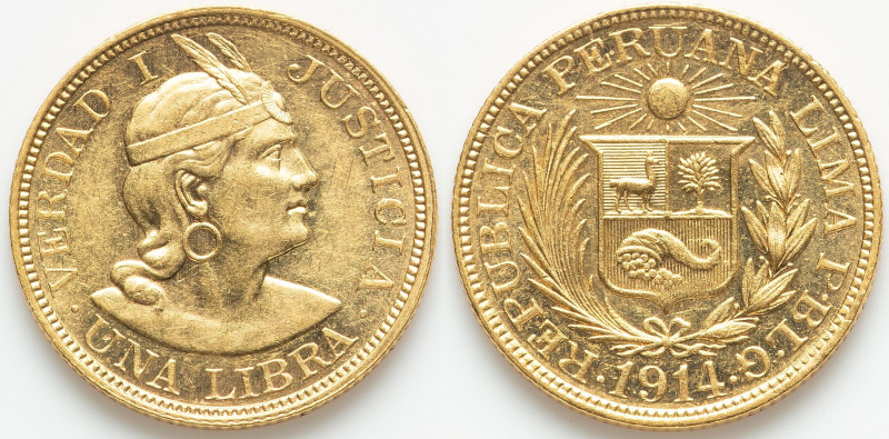 Republic gold Libra 1914-PBLG UNC (Cleaned), Lima mint, KM207, Fr-73. AGW 0.2355...