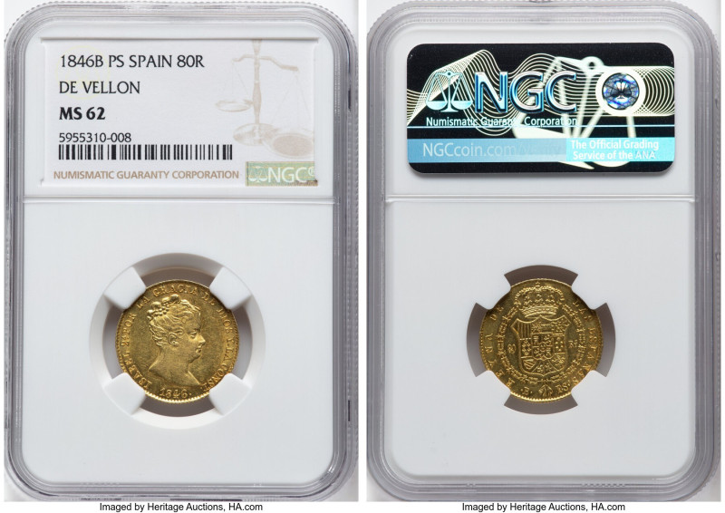 Isabel II gold 80 Reales 1846 B-PS MS62 NGC, Barcelona mint, KM578.1. De Vellon....