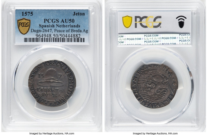 Dordrecht silver "Resumption of Hostilities" Jeton 1575 AU50 PCGS, Dugn-2647,m P...