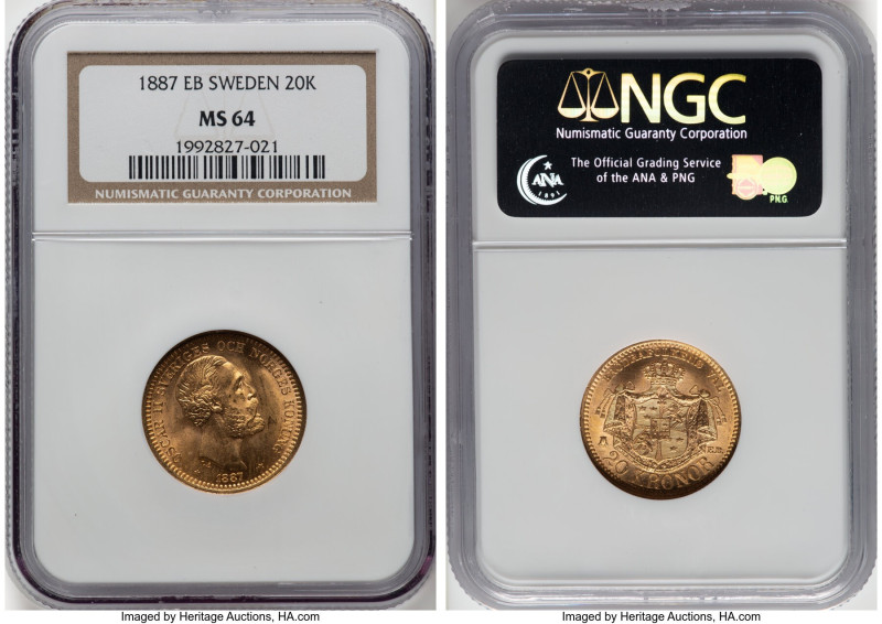 Oscar II gold 20 Kronor 1887-EB MS64 NGC, Stockholm mint,, KM748, Fr-93a. Near g...