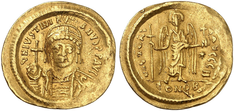 BYZANTINISCHE MÜNZEN. Iustinianus I., 527 - 565.&nbsp;&nbsp; 
 Solidus. Frontal...