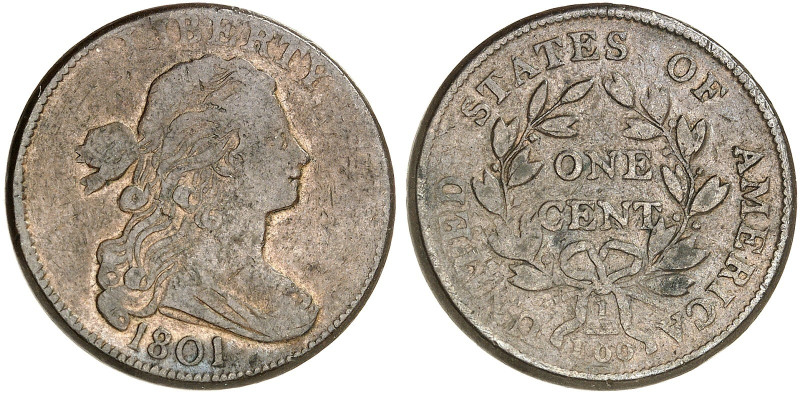 ÜBRIGES AUSLAND. USA.&nbsp;&nbsp; 
 1 Cent 1801, Draped Bust Type.
KM 22, Cr. ...