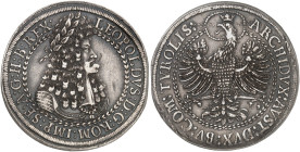 Leopold I., 1657-1705.&nbsp;&nbsp; 
 Doppeltaler o. J., Hall.
Dav. 3252, Her. 574, M. / T. 762 Felder l. geglättet, min. ZE, ss - vz