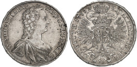 Maria Theresia, 1740-1780.&nbsp;&nbsp; 
 Taler 1758, Prag, Ausbeute der Grube Joachimsthal.
Dav. 1137, Voglh. 279, Her. 528, Eypelt. 83, Müs. 6/36 k...