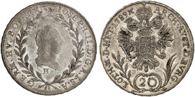 Joseph II., 1780-1790.&nbsp;&nbsp; 
 20 Kreuzer 1789, Günzburg.
Her. 282 min. justiert, vz