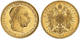 Franz Joseph I., 1848-1916.&nbsp;&nbsp; 
 10 Kronen 1905, Wien.
Friedb. 506, Her. 384, Schlumb. 644 Gold vz - St