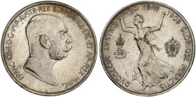 Franz Joseph I., 1848-1916.&nbsp;&nbsp; 
 5 Kronen 1908, Wien, auf das 60-jährige Regierungsjubiläum.
Dav. 35, Her. 771 min. Rdf., vz - St