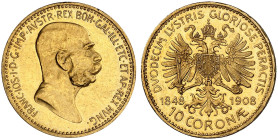 Franz Joseph I., 1848-1916.&nbsp;&nbsp; 
 10 Kronen 1908, Wien, auf das 60-jährige Regierungsjubiläum.
Friedb. 516, Her. 386, Schlumb. 648 Gold kl. ...