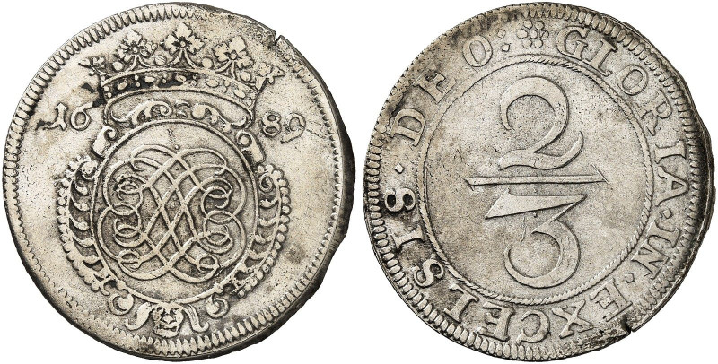 MAINZ. - Stadt.&nbsp;&nbsp; 
 2/3 Taler 1689, Notgeld des französischen Kommand...