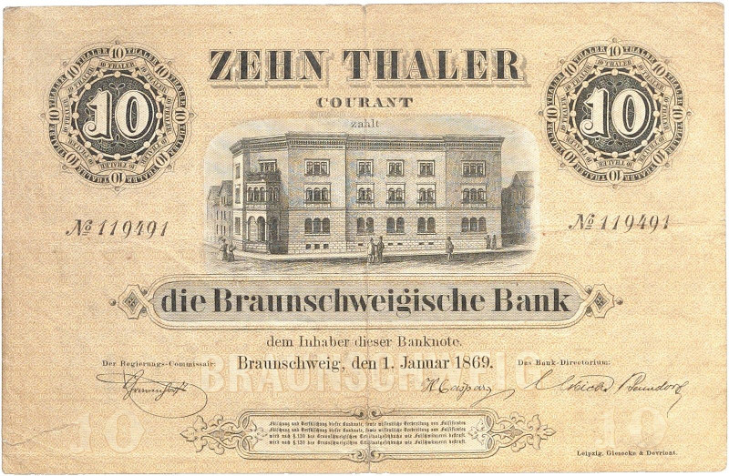 ALTDEUTSCHLAND. BRAUNSCHWEIG.&nbsp;&nbsp; 
 10 Thaler 1.1. 1869.
G. / K. 96 st...