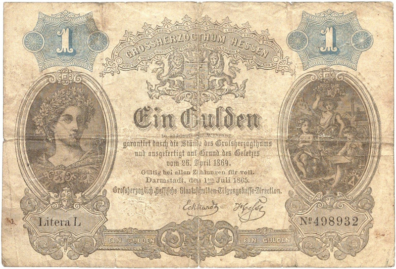 ALTDEUTSCHLAND. HESSEN - DARMSTADT.&nbsp;&nbsp; 
 1 Gulden 1.7.1865.
G. / K. 1...