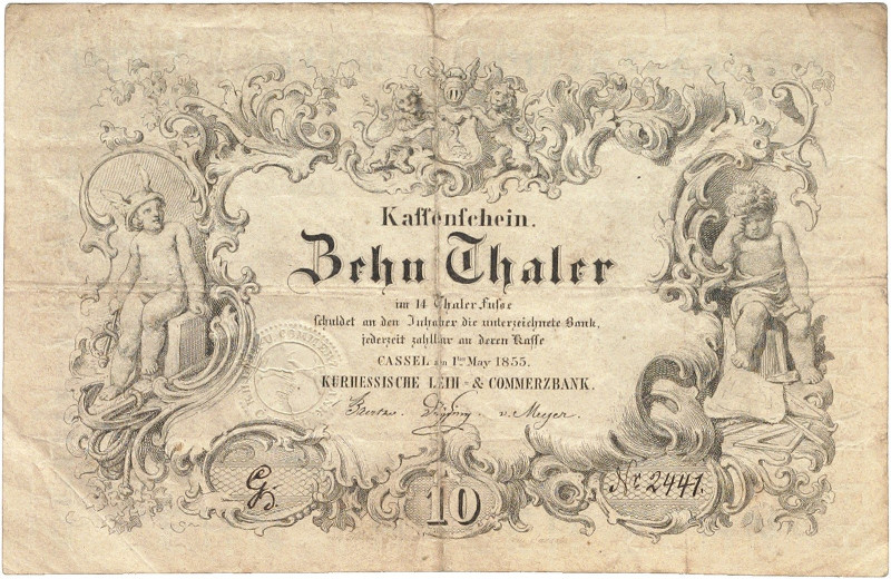 ALTDEUTSCHLAND. HESSEN - KASSEL.&nbsp;&nbsp; 
 10 Thaler 1.5.1855
G. / K. 167 ...