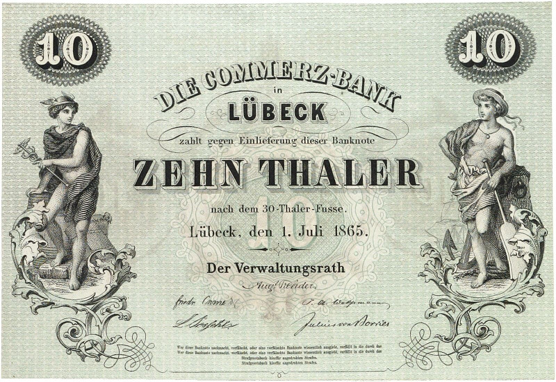 ALTDEUTSCHLAND. LÜBECK. Commerzbank.&nbsp;&nbsp; 
 10 Thaler 1.7.1865
G. / K. ...