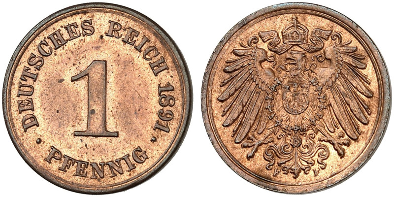 KLEINMÜNZEN. J. 10, EPA 2&nbsp;&nbsp; 
 1 Pfennig 1891 F.
f. St